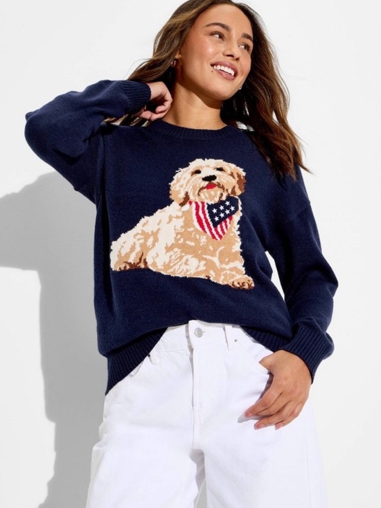 Target Sweaters - Americana Dog Sweater Navy Goldendoodle Graphic Pullover Size Large NWT